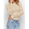 image:imagePRETTYGARDEN Sheer Lace Raglan Long Sleeve Shirts for Women  Soft Stretchy KnitSee Through Floral SleevesCrewneck Fitted TshirtsGoing Out TopsNight Out LayerFall Fashion ClothingBeige