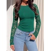 image:imagePRETTYGARDEN Sheer Lace Raglan Long Sleeve Shirts for Women  Soft Stretchy KnitSee Through Floral SleevesCrewneck Fitted TshirtsGoing Out TopsNight Out LayerFall Fashion ClothingGreen