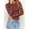 image:imagePRETTYGARDEN Sheer Lace Raglan Long Sleeve Shirts for Women  Soft Stretchy KnitSee Through Floral SleevesCrewneck Fitted TshirtsGoing Out TopsNight Out LayerFall Fashion ClothingBrick Red