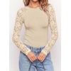 image:imagePRETTYGARDEN Sheer Lace Raglan Long Sleeve Shirts for Women  Soft Stretchy KnitSee Through Floral SleevesCrewneck Fitted TshirtsGoing Out TopsNight Out LayerFall Fashion ClothingBeige