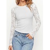 image:imagePRETTYGARDEN Sheer Lace Raglan Long Sleeve Shirts for Women  Soft Stretchy KnitSee Through Floral SleevesCrewneck Fitted TshirtsGoing Out TopsNight Out LayerFall Fashion ClothingWhite