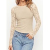 image:imagePRETTYGARDEN Sheer Lace Raglan Long Sleeve Shirts for Women  Soft Stretchy KnitSee Through Floral SleevesCrewneck Fitted TshirtsGoing Out TopsNight Out LayerFall Fashion ClothingBeige