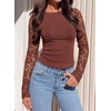 image:imagePRETTYGARDEN Sheer Lace Raglan Long Sleeve Shirts for Women  Soft Stretchy KnitSee Through Floral SleevesCrewneck Fitted TshirtsGoing Out TopsNight Out LayerFall Fashion ClothingBrick Red