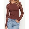 image:imagePRETTYGARDEN Sheer Lace Raglan Long Sleeve Shirts for Women  Soft Stretchy KnitSee Through Floral SleevesCrewneck Fitted TshirtsGoing Out TopsNight Out LayerFall Fashion ClothingBrick Red