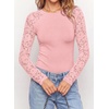 image:imagePRETTYGARDEN Sheer Lace Raglan Long Sleeve Shirts for Women  Soft Stretchy KnitSee Through Floral SleevesCrewneck Fitted TshirtsGoing Out TopsNight Out LayerFall Fashion ClothingPink