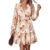 image:imagePRETTYGARDEN Women Floral Long Sleeve Mini Dress  Fall Wedding Guest Dresses V Neck Fit amp Flare Ruffle Hem ALine Short Chiffon Dress Elegant Holiday Party Date OutfitsBeige Orange Floral