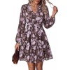 image:imagePRETTYGARDEN Women Floral Long Sleeve Mini Dress  Fall Wedding Guest Dresses V Neck Fit amp Flare Ruffle Hem ALine Short Chiffon Dress Elegant Holiday Party Date OutfitsBrown Purple Floral