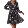 image:imagePRETTYGARDEN Women Floral Long Sleeve Mini Dress  Fall Wedding Guest Dresses V Neck Fit amp Flare Ruffle Hem ALine Short Chiffon Dress Elegant Holiday Party Date OutfitsBlack White Floral