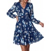 image:imagePRETTYGARDEN Women Floral Long Sleeve Mini Dress  Fall Wedding Guest Dresses V Neck Fit amp Flare Ruffle Hem ALine Short Chiffon Dress Elegant Holiday Party Date OutfitsBlue Floral