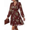 image:imagePRETTYGARDEN Women Floral Long Sleeve Mini Dress  Fall Wedding Guest Dresses V Neck Fit amp Flare Ruffle Hem ALine Short Chiffon Dress Elegant Holiday Party Date OutfitsDark Red White Floral