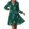 image:imagePRETTYGARDEN Women Floral Long Sleeve Mini Dress  Fall Wedding Guest Dresses V Neck Fit amp Flare Ruffle Hem ALine Short Chiffon Dress Elegant Holiday Party Date OutfitsGreen White Floral