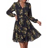 image:imagePRETTYGARDEN Women Floral Long Sleeve Mini Dress  Fall Wedding Guest Dresses V Neck Fit amp Flare Ruffle Hem ALine Short Chiffon Dress Elegant Holiday Party Date OutfitsBlack Yellow Floral