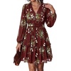 image:imagePRETTYGARDEN Women Floral Long Sleeve Mini Dress  Fall Wedding Guest Dresses V Neck Fit amp Flare Ruffle Hem ALine Short Chiffon Dress Elegant Holiday Party Date OutfitsDark Red White Floral