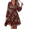 image:imagePRETTYGARDEN Women Floral Long Sleeve Mini Dress  Fall Wedding Guest Dresses V Neck Fit amp Flare Ruffle Hem ALine Short Chiffon Dress Elegant Holiday Party Date OutfitsDark Red White Floral