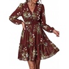 image:imagePRETTYGARDEN Women Floral Long Sleeve Mini Dress  Fall Wedding Guest Dresses V Neck Fit amp Flare Ruffle Hem ALine Short Chiffon Dress Elegant Holiday Party Date OutfitsDark Red White Floral