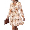 image:imagePRETTYGARDEN Women Floral Long Sleeve Mini Dress  Fall Wedding Guest Dresses V Neck Fit amp Flare Ruffle Hem ALine Short Chiffon Dress Elegant Holiday Party Date OutfitsBeige Orange Floral
