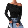 image:imagePRETTYGARDEN Women Trendy Off the Shoulder Floral Tops  Lightweight Stretchy Mesh Blouse Flocked Print Long Sleeve Slim Fit Shirts Fall Spring Outfits for Date Night Going OutBlack