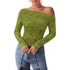 image:imagePRETTYGARDEN Women Trendy Off the Shoulder Floral Tops  Lightweight Stretchy Mesh Blouse Flocked Print Long Sleeve Slim Fit Shirts Fall Spring Outfits for Date Night Going OutLight Green
