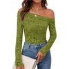 image:imagePRETTYGARDEN Women Trendy Off the Shoulder Floral Tops  Lightweight Stretchy Mesh Blouse Flocked Print Long Sleeve Slim Fit Shirts Fall Spring Outfits for Date Night Going OutLight Green