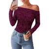 image:imagePRETTYGARDEN Women Trendy Off the Shoulder Floral Tops  Lightweight Stretchy Mesh Blouse Flocked Print Long Sleeve Slim Fit Shirts Fall Spring Outfits for Date Night Going OutBurgundy