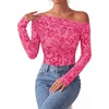 image:imagePRETTYGARDEN Women Trendy Off the Shoulder Floral Tops  Lightweight Stretchy Mesh Blouse Flocked Print Long Sleeve Slim Fit Shirts Fall Spring Outfits for Date Night Going OutRose Red