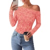 image:imagePRETTYGARDEN Women Trendy Off the Shoulder Floral Tops  Lightweight Stretchy Mesh Blouse Flocked Print Long Sleeve Slim Fit Shirts Fall Spring Outfits for Date Night Going OutPink