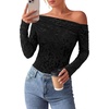 image:imagePRETTYGARDEN Women Trendy Off the Shoulder Floral Tops  Lightweight Stretchy Mesh Blouse Flocked Print Long Sleeve Slim Fit Shirts Fall Spring Outfits for Date Night Going OutBlack