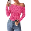 image:imagePRETTYGARDEN Women Trendy Off the Shoulder Floral Tops  Lightweight Stretchy Mesh Blouse Flocked Print Long Sleeve Slim Fit Shirts Fall Spring Outfits for Date Night Going OutRose Red