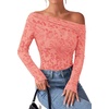image:imagePRETTYGARDEN Women Trendy Off the Shoulder Floral Tops  Lightweight Stretchy Mesh Blouse Flocked Print Long Sleeve Slim Fit Shirts Fall Spring Outfits for Date Night Going OutPink