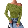 image:imagePRETTYGARDEN Women Trendy Off the Shoulder Floral Tops  Lightweight Stretchy Mesh Blouse Flocked Print Long Sleeve Slim Fit Shirts Fall Spring Outfits for Date Night Going OutLight Green