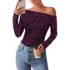 image:imagePRETTYGARDEN Women Trendy Off the Shoulder Floral Tops  Lightweight Stretchy Mesh Blouse Flocked Print Long Sleeve Slim Fit Shirts Fall Spring Outfits for Date Night Going OutBlack Red