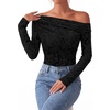 image:imagePRETTYGARDEN Women Trendy Off the Shoulder Floral Tops  Lightweight Stretchy Mesh Blouse Flocked Print Long Sleeve Slim Fit Shirts Fall Spring Outfits for Date Night Going OutBlack