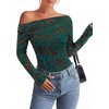 image:imagePRETTYGARDEN Women Trendy Off the Shoulder Floral Tops  Lightweight Stretchy Mesh Blouse Flocked Print Long Sleeve Slim Fit Shirts Fall Spring Outfits for Date Night Going OutDark Green