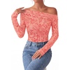 image:imagePRETTYGARDEN Women Trendy Off the Shoulder Floral Tops  Lightweight Stretchy Mesh Blouse Flocked Print Long Sleeve Slim Fit Shirts Fall Spring Outfits for Date Night Going OutPink