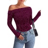 image:imagePRETTYGARDEN Women Trendy Off the Shoulder Floral Tops  Lightweight Stretchy Mesh Blouse Flocked Print Long Sleeve Slim Fit Shirts Fall Spring Outfits for Date Night Going OutBurgundy
