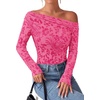 image:imagePRETTYGARDEN Women Trendy Off the Shoulder Floral Tops  Lightweight Stretchy Mesh Blouse Flocked Print Long Sleeve Slim Fit Shirts Fall Spring Outfits for Date Night Going OutRose Red