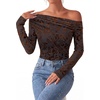 image:imagePRETTYGARDEN Women Trendy Off the Shoulder Floral Tops  Lightweight Stretchy Mesh Blouse Flocked Print Long Sleeve Slim Fit Shirts Fall Spring Outfits for Date Night Going OutBrown