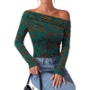 image:imagePRETTYGARDEN Women Trendy Off the Shoulder Floral Tops  Lightweight Stretchy Mesh Blouse Flocked Print Long Sleeve Slim Fit Shirts Fall Spring Outfits for Date Night Going OutDark Green