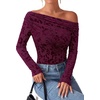 image:imagePRETTYGARDEN Women Trendy Off the Shoulder Floral Tops  Lightweight Stretchy Mesh Blouse Flocked Print Long Sleeve Slim Fit Shirts Fall Spring Outfits for Date Night Going OutBurgundy