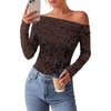 image:imagePRETTYGARDEN Women Trendy Off the Shoulder Floral Tops  Lightweight Stretchy Mesh Blouse Flocked Print Long Sleeve Slim Fit Shirts Fall Spring Outfits for Date Night Going OutBrown