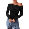 image:imagePRETTYGARDEN Women Trendy Off the Shoulder Floral Tops  Lightweight Stretchy Mesh Blouse Flocked Print Long Sleeve Slim Fit Shirts Fall Spring Outfits for Date Night Going OutBlack