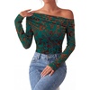 image:imagePRETTYGARDEN Women Trendy Off the Shoulder Floral Tops  Lightweight Stretchy Mesh Blouse Flocked Print Long Sleeve Slim Fit Shirts Fall Spring Outfits for Date Night Going OutDark Green