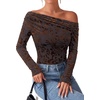 image:imagePRETTYGARDEN Women Trendy Off the Shoulder Floral Tops  Lightweight Stretchy Mesh Blouse Flocked Print Long Sleeve Slim Fit Shirts Fall Spring Outfits for Date Night Going OutBrown