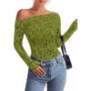 image:imagePRETTYGARDEN Women Trendy Off the Shoulder Floral Tops  Lightweight Stretchy Mesh Blouse Flocked Print Long Sleeve Slim Fit Shirts Fall Spring Outfits for Date Night Going OutLight Green