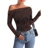 image:imagePRETTYGARDEN Women Trendy Off the Shoulder Floral Tops  Lightweight Stretchy Mesh Blouse Flocked Print Long Sleeve Slim Fit Shirts Fall Spring Outfits for Date Night Going OutBrown