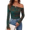 image:imagePRETTYGARDEN Women Trendy Off the Shoulder Floral Tops  Lightweight Stretchy Mesh Blouse Flocked Print Long Sleeve Slim Fit Shirts Fall Spring Outfits for Date Night Going OutDark Green