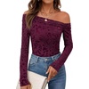 image:imagePRETTYGARDEN Women Trendy Off the Shoulder Floral Tops  Lightweight Stretchy Mesh Blouse Flocked Print Long Sleeve Slim Fit Shirts Fall Spring Outfits for Date Night Going OutBurgundy