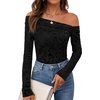 image:imagePRETTYGARDEN Women Trendy Off the Shoulder Floral Tops  Lightweight Stretchy Mesh Blouse Flocked Print Long Sleeve Slim Fit Shirts Fall Spring Outfits for Date Night Going OutBlack