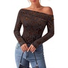 image:imagePRETTYGARDEN Women Trendy Off the Shoulder Floral Tops  Lightweight Stretchy Mesh Blouse Flocked Print Long Sleeve Slim Fit Shirts Fall Spring Outfits for Date Night Going OutBrown