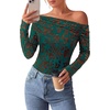 image:imagePRETTYGARDEN Women Trendy Off the Shoulder Floral Tops  Lightweight Stretchy Mesh Blouse Flocked Print Long Sleeve Slim Fit Shirts Fall Spring Outfits for Date Night Going OutDark Green